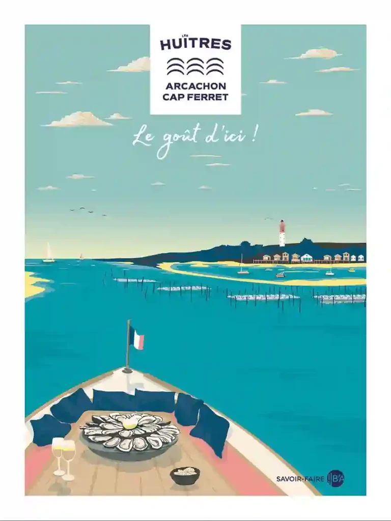 フランス、アルカションarcachon の牡蠣 カキの広告、青い海が綺麗で船が浮かぶ