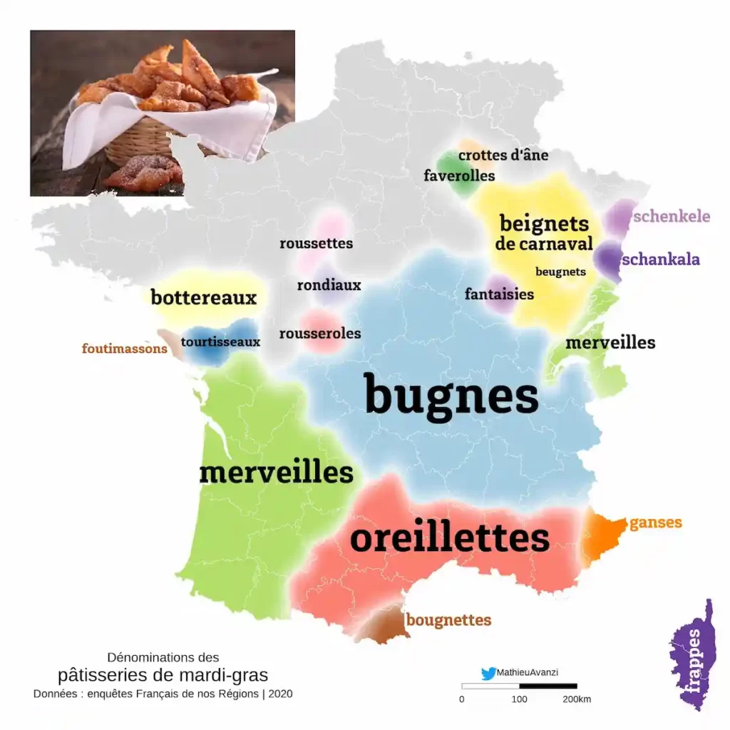 マルディグラの菓子ベニエのフランス地図、ブーニュ、オレイエット、メルヴェイユ、ガンス、ブニェット、シャンカラの位置明示