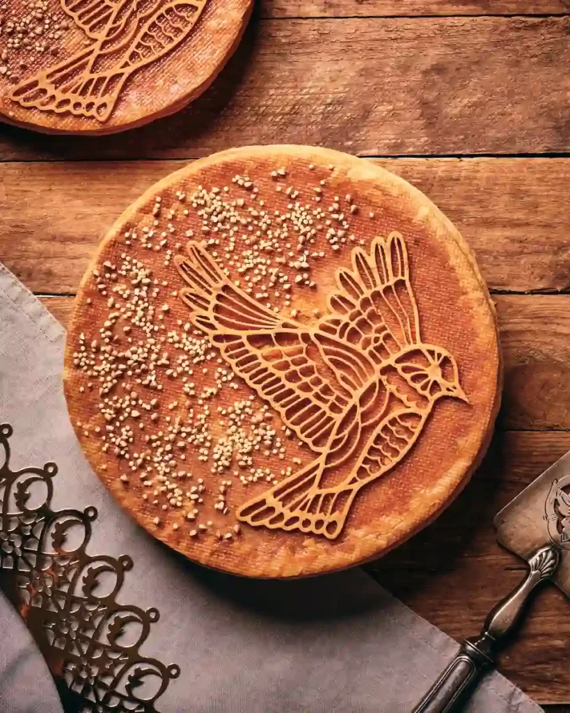 ニーナメタイエのガレットデロワ Galette des rois。飛ぶ鳥の紋様が菓子の表面に描かれている